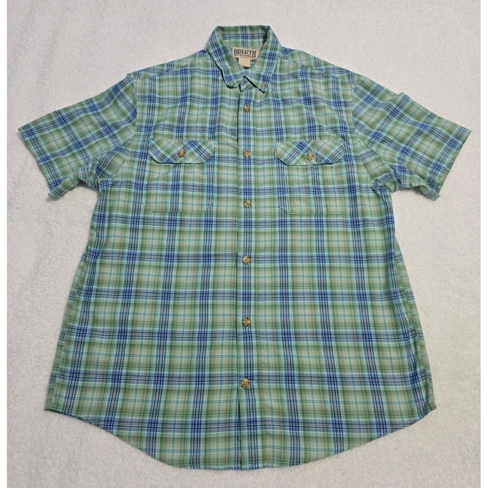 Duluth Trading Co Breezeshooter Performance Plaid Shirt Mens L TALL Green Blue